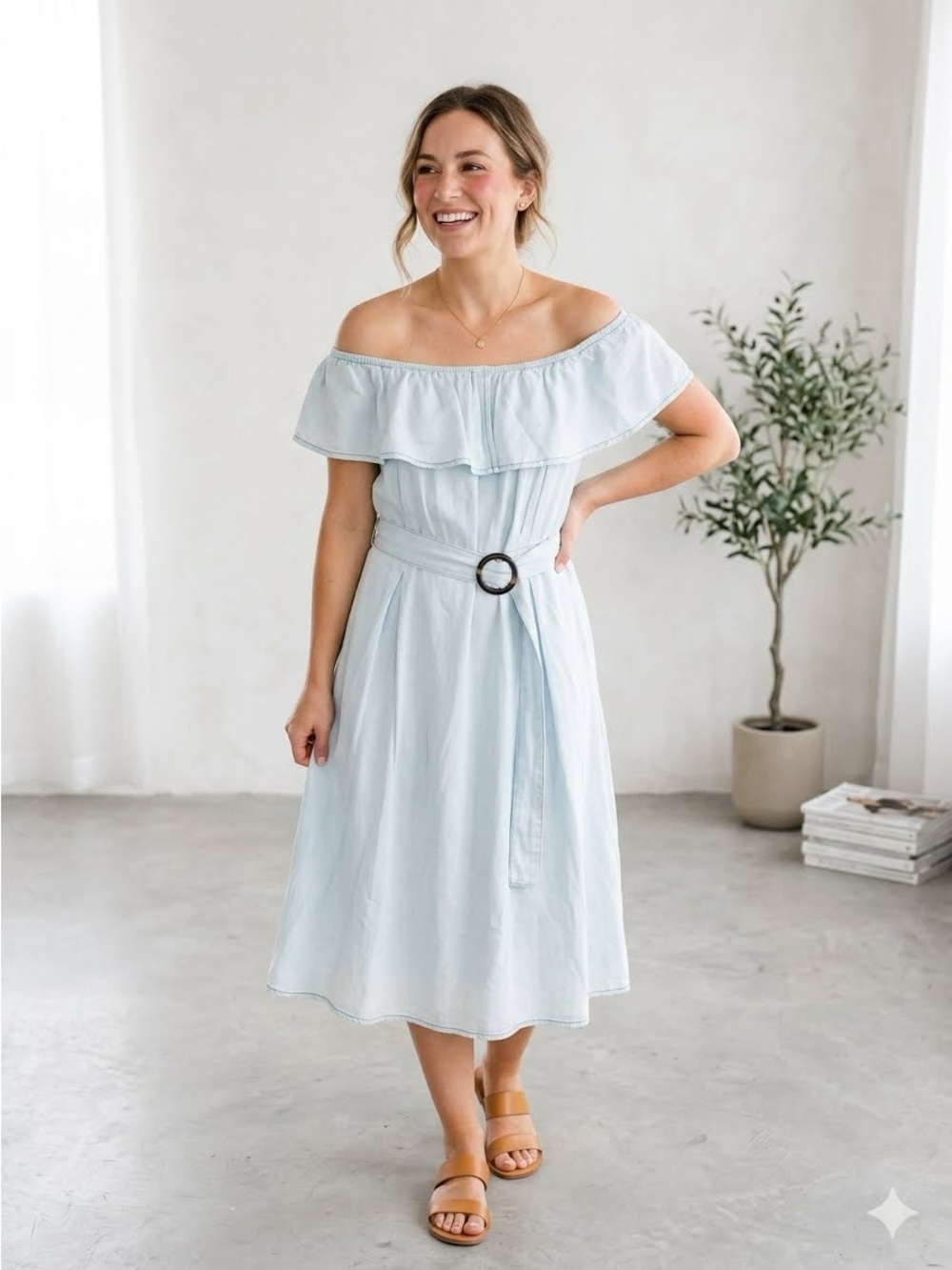 a loves a NWT Light Blue Off-Shoulder Midi Dress with Belt